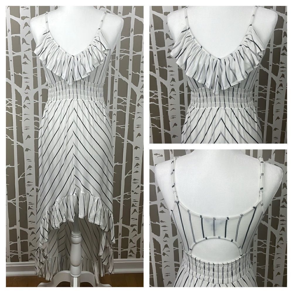 Boho hi-lo white and black striped ruffle trim back cutout maxi dress